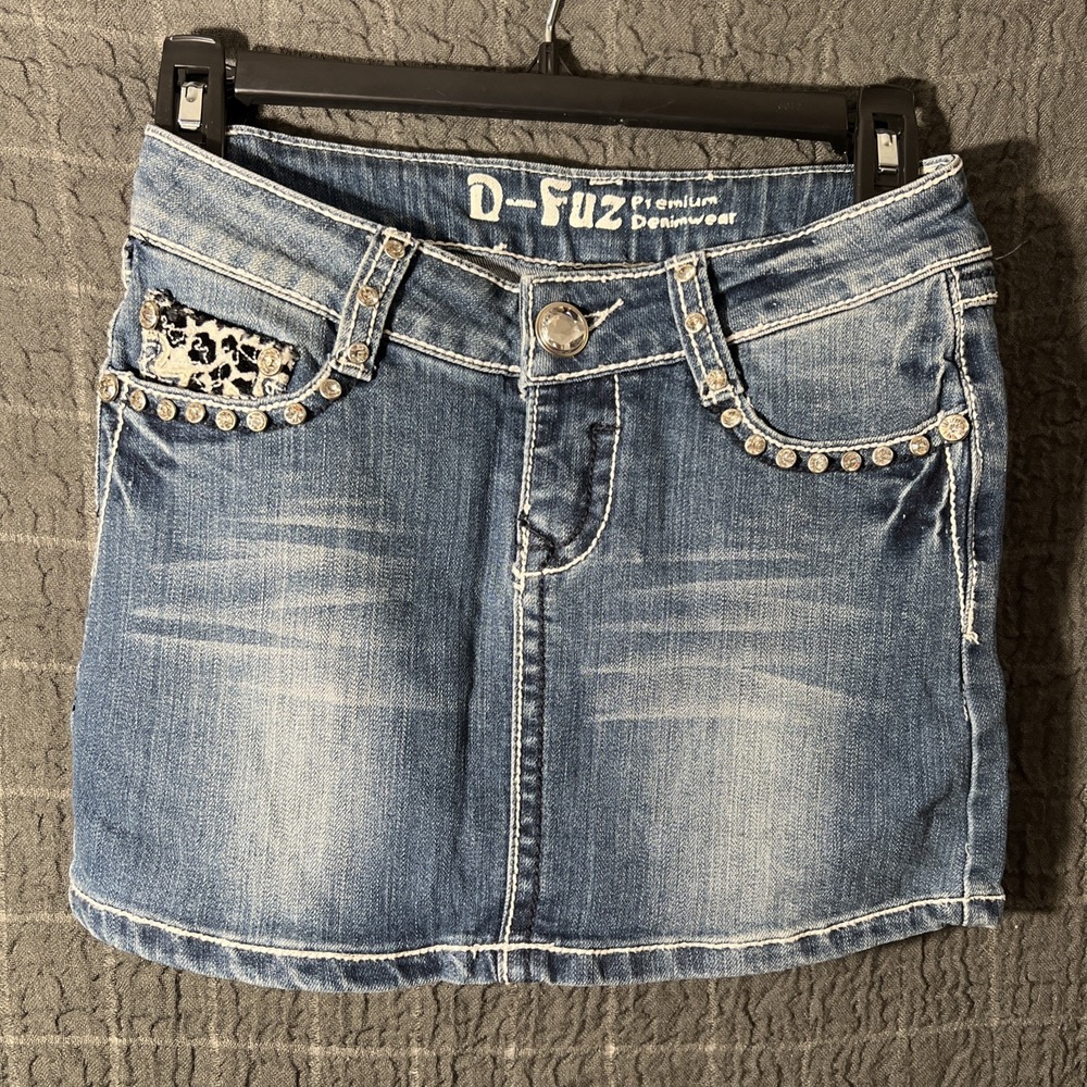 D-Fuz Rhinestone micro mini blue denim skirt XS Junior Girls 26" Waste 12"‎ Long